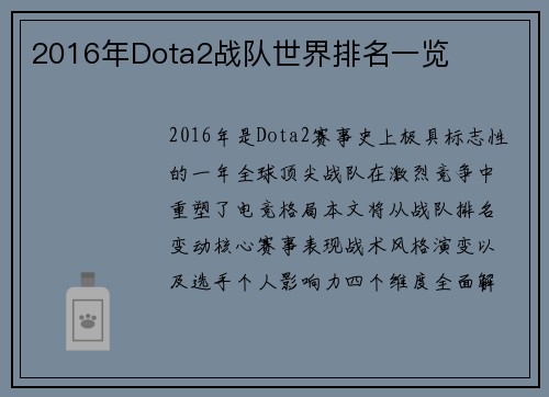 2016年Dota2战队世界排名一览