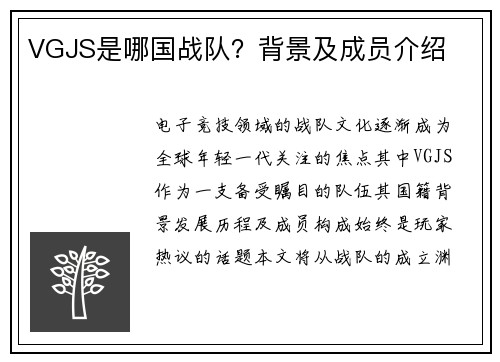 VGJS是哪国战队？背景及成员介绍