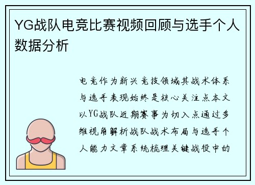 YG战队电竞比赛视频回顾与选手个人数据分析