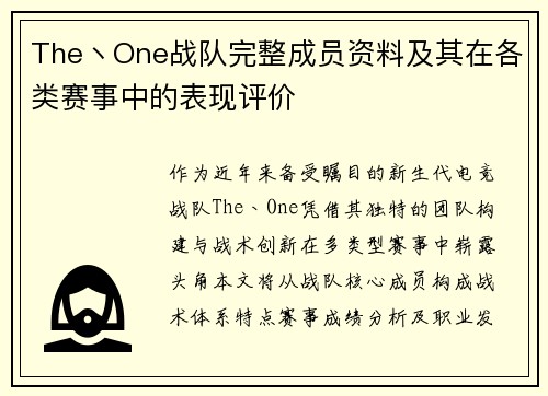 The丶One战队完整成员资料及其在各类赛事中的表现评价